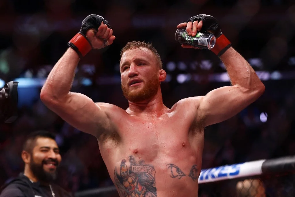 Justin Gaethje celebrates after his decision victory
