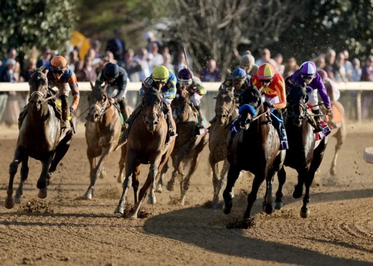 Irad Ortiz Jr a board Forte ( far left #4) runs to victory in the Breeders' Cup Juvenile during the 2022 Breeders Cup at Keeneland Race Course on November 04, 2022 in Lexington, Kentucky