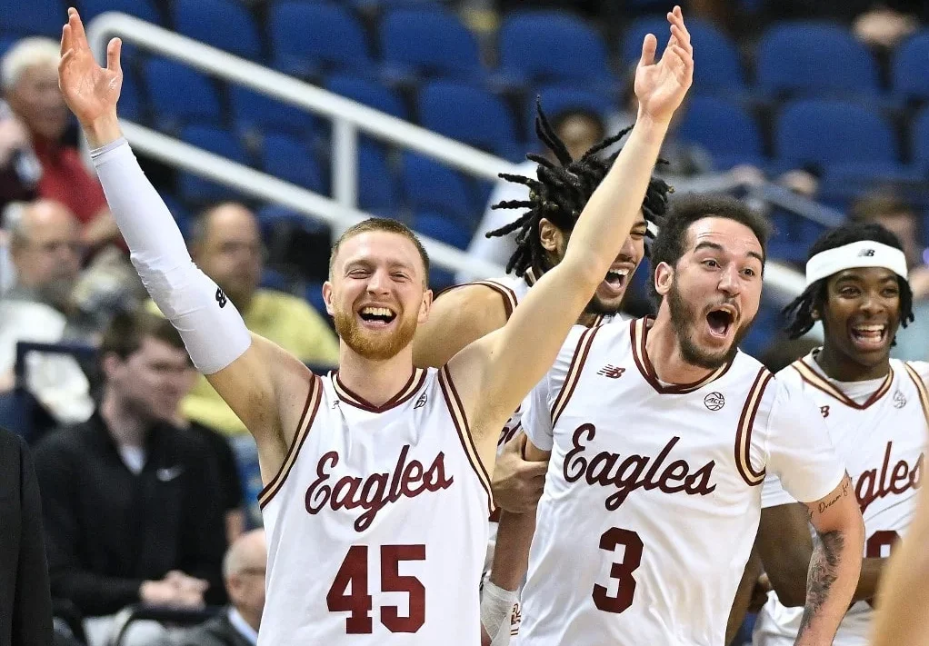 Mason Madsen #45 and Jaeden Zackery #3 of the Boston College Eagles