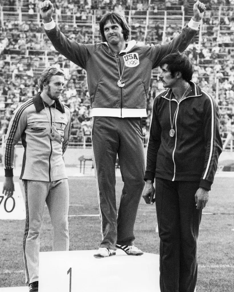  A file picture taken on July 30, 1976 in Montreal, shows USA's Bruce Jenner (C) celebrating his gold medal