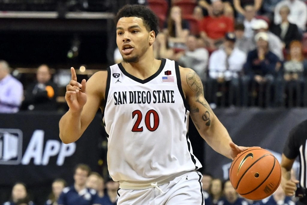 Matt Bradley #20 of the San Diego State Aztecs brings the ball up court against the Utah State - David becker/getty Images/AFP