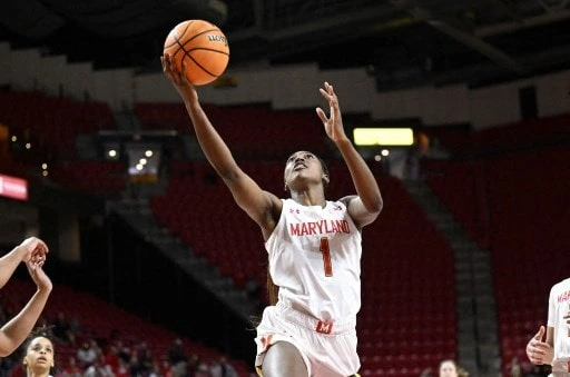 Diamond Miller #1 of the Maryland Terrapins drives to the basket - Greg fiume/getty images/afp