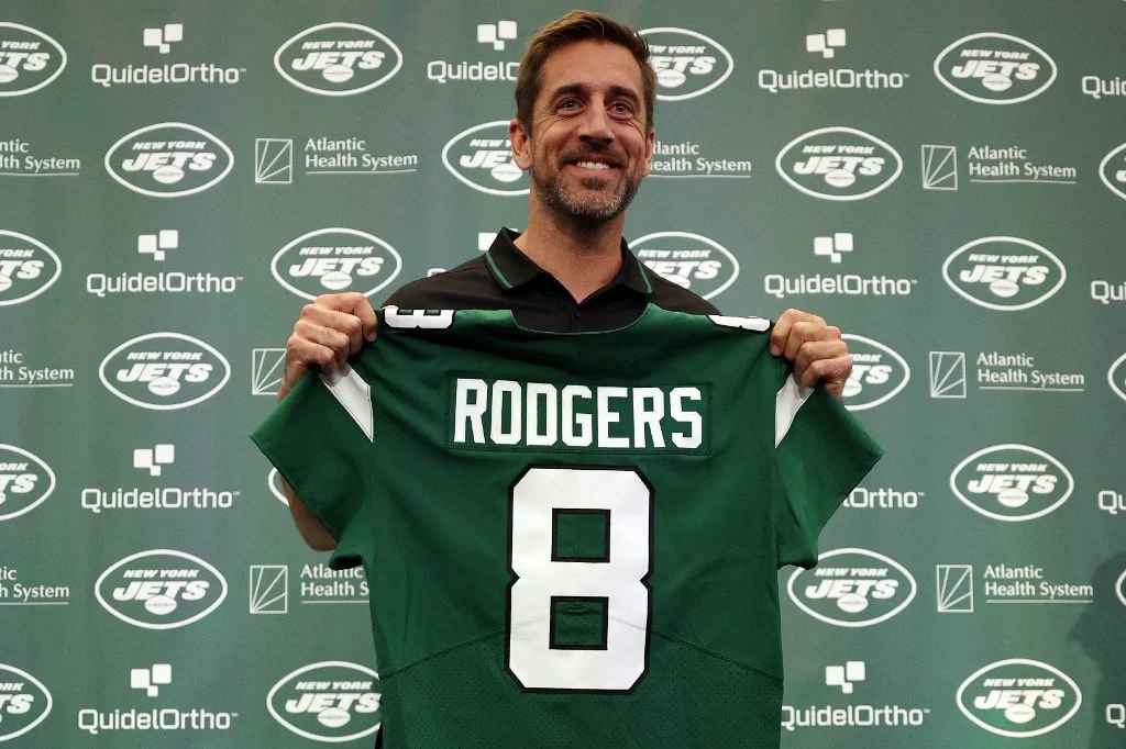 Introducing for The New York Jets, QB, No. 8, Aaron Rodgers